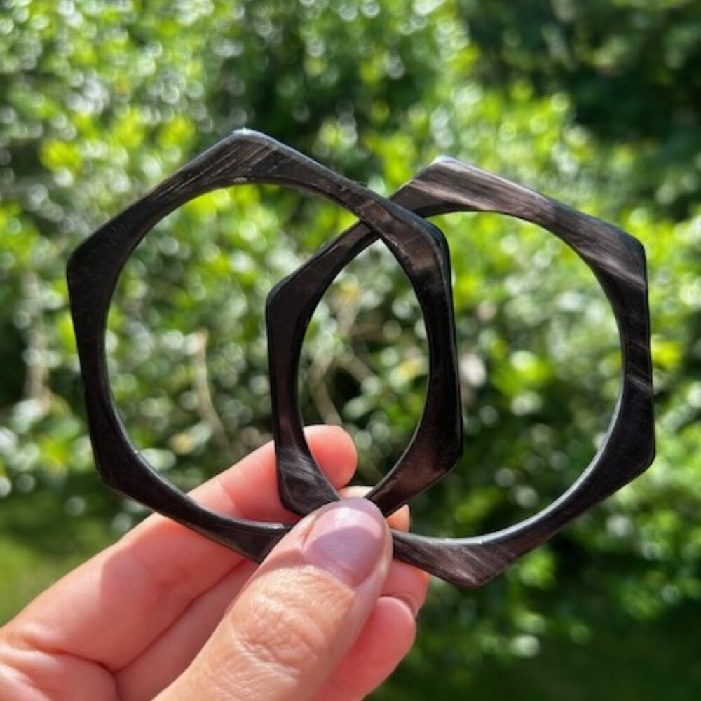 2 Lucite Hexagon Flat VTG Black Bangle Bracelets
